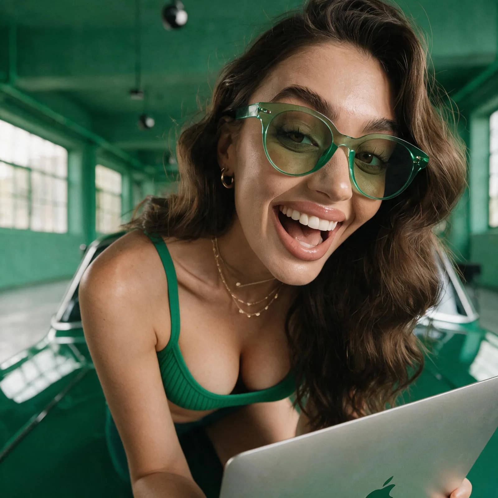 Estudiante sonriendo con gafas verdes y un portátil, en un espacio pintado de verde